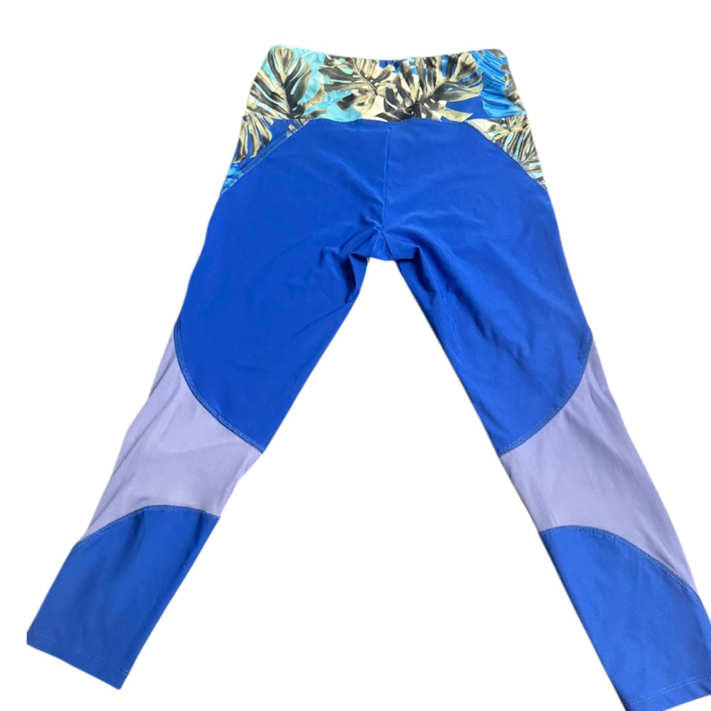 Bally Total Fitness Capri Leggings Blue Tropical Palm Print Mesh Size M - Picture 5 of 9